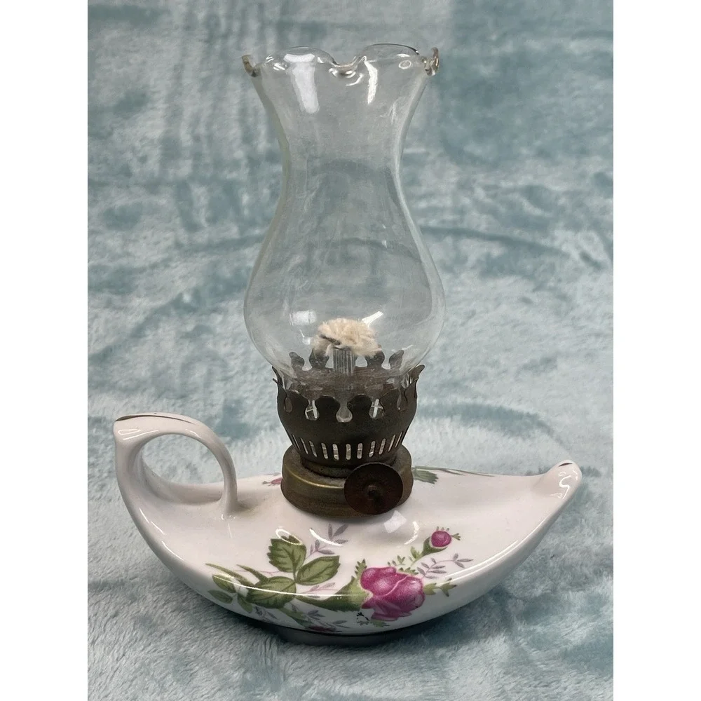 Vintage Mini Oil Lamp Porcelain Floral Finger Lamp Glass Chimney 6